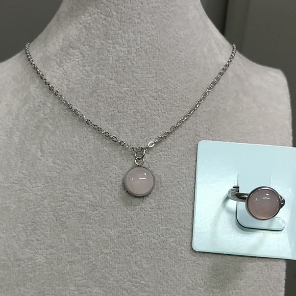 Rose Quartz Necklace & Ring Set Natural Gemstone Adjustable Stainless-Steel Ring - Picture 1 of 11